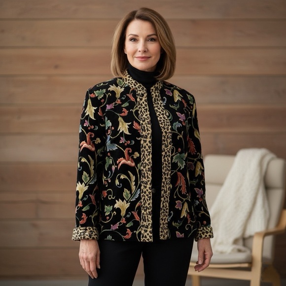 White Stag Jackets & Blazers - VTG Dark Floral Tapestry Jacket Sz L Fall Leaves Leopard Animal Print White Stag